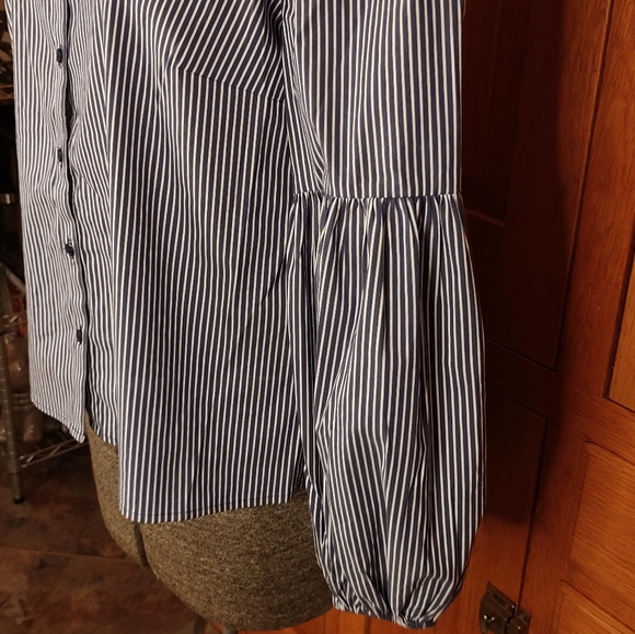 Express blue& white striped sexy off shoulder puff long sleeve Bardot blouse - Picture 8 of 11